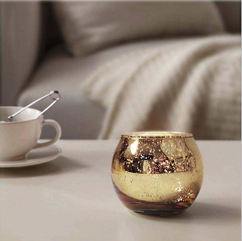 Set of Round Glass Candle Holders in Silver and Gold Set of Round Glass Candle Holders in Silver and Gold